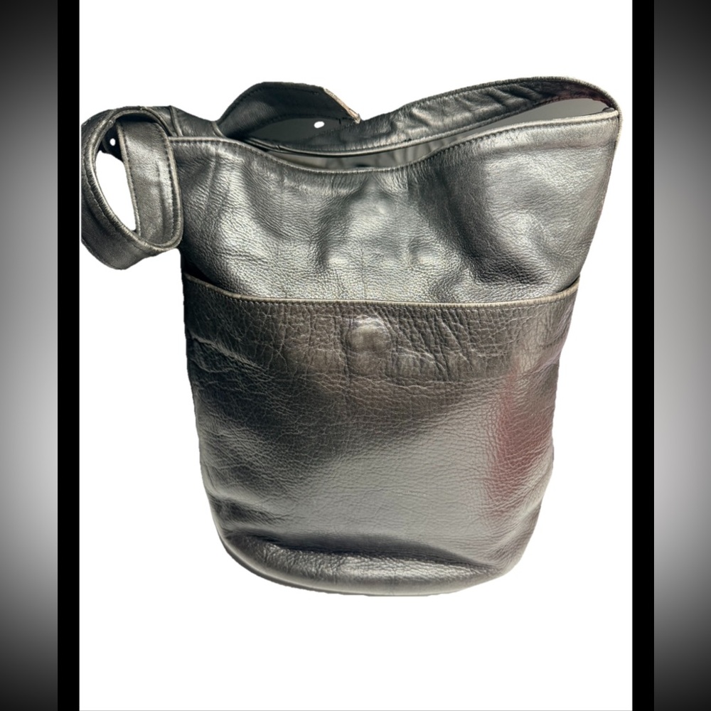 J.Duteri VINTAGE Black Rain-Guarded Leather Hobo Bucket Knotted Strap Handbag